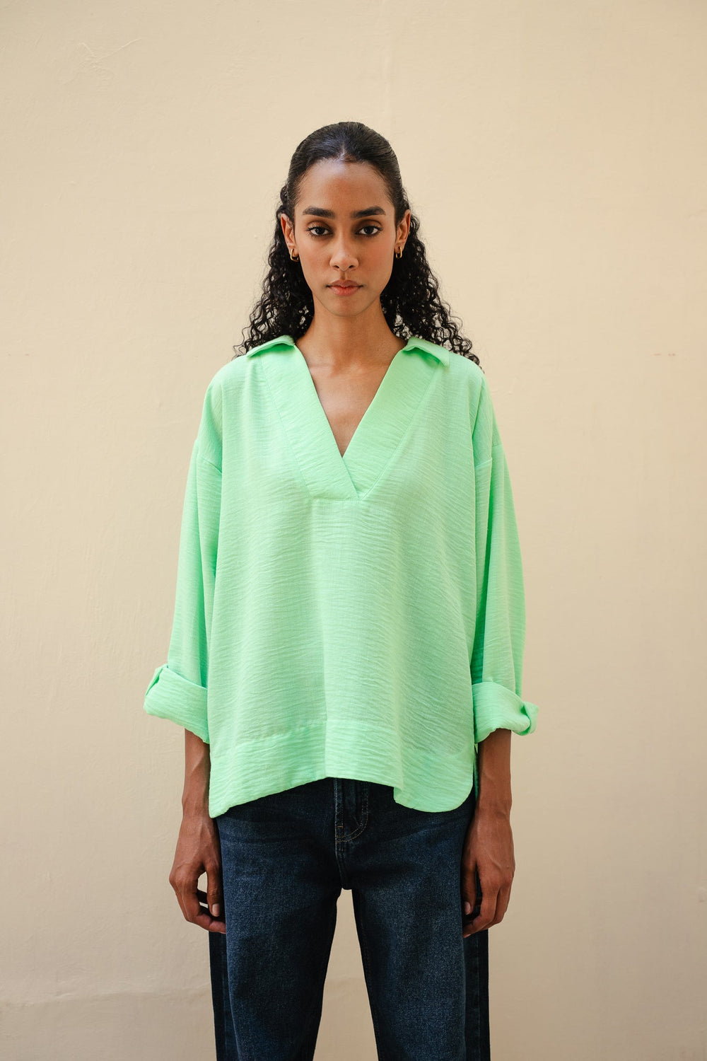 Polo Collar Linen Blouse Apple Green