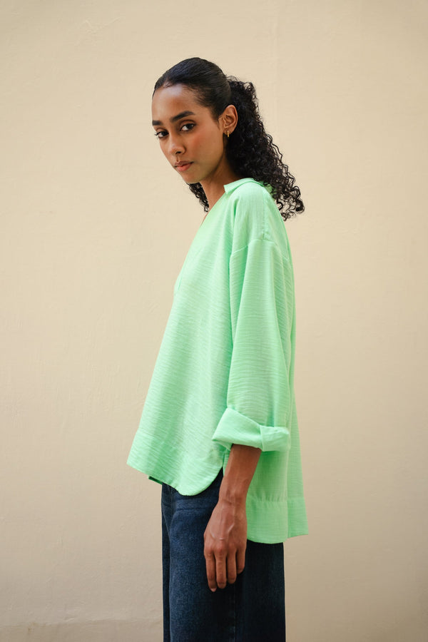 Polo Collar Linen Blouse Apple Green