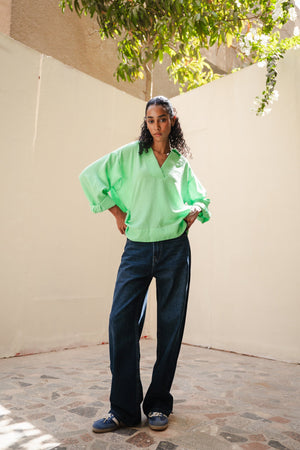 Polo Collar Linen Blouse Apple Green