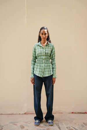 Plaid Scrunched Blouse in Green
