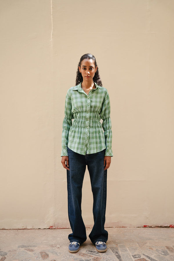 Plaid Scrunched Blouse in Green