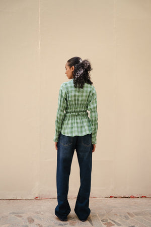 Plaid Scrunched Blouse in Green