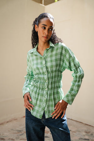 Plaid Scrunched Blouse in Green