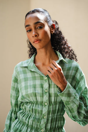 Plaid Scrunched Blouse in Green