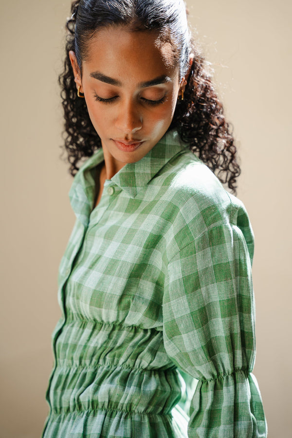 Plaid Scrunched Blouse in Green