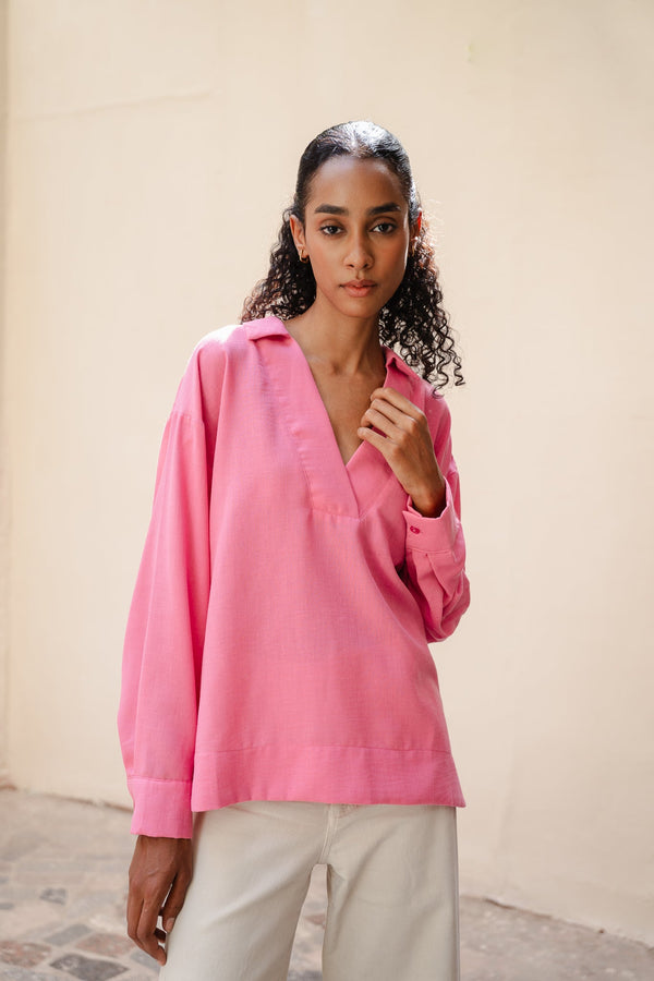 Polo Collar Linen Blouse in Rose