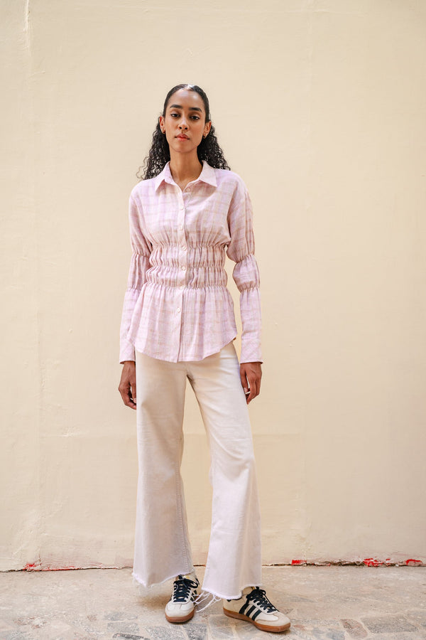 Plaid Scrunched Blouse in Pink