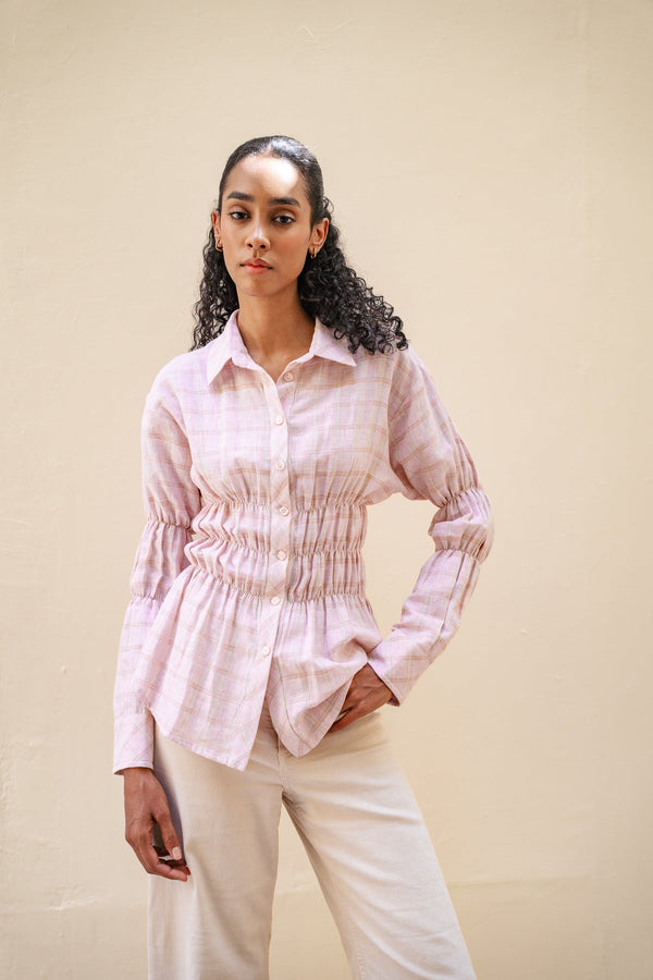 Plaid Scrunched Blouse in Pink
