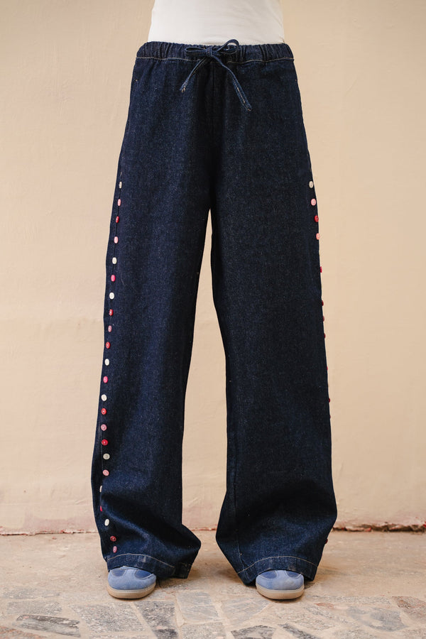 Drawstring Denim Pants with Side Button Details