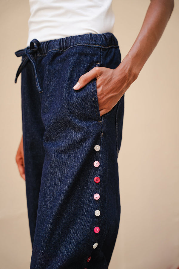 Drawstring Denim Pants with Side Button Details