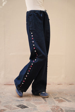 Drawstring Denim Pants with Side Button Details