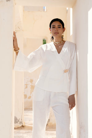 Linen Crossover Kimono in White