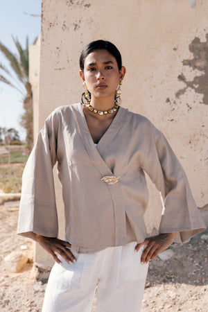 Linen Crossover Kimono in Cafe