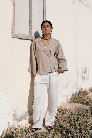 Linen Crossover Kimono in Cafe