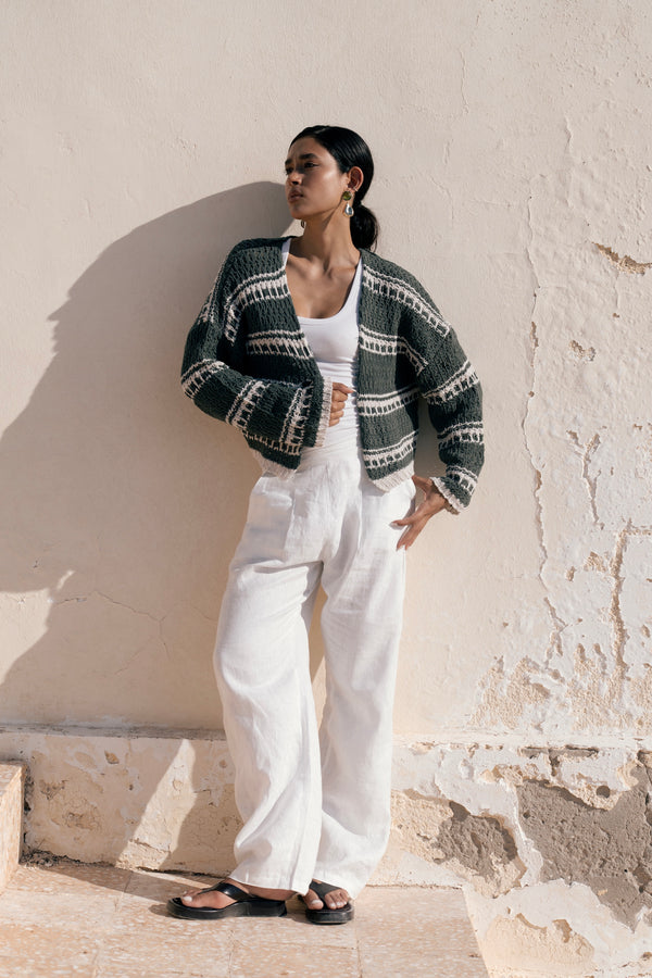 striped cropped oversized cardigan in Olive