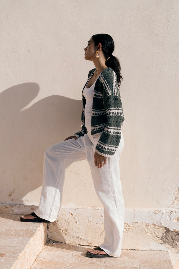 striped cropped oversized cardigan in Olive