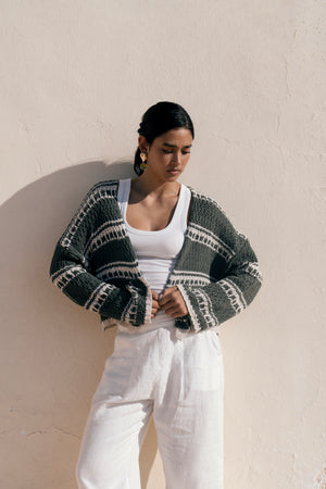 striped cropped oversized cardigan in Olive