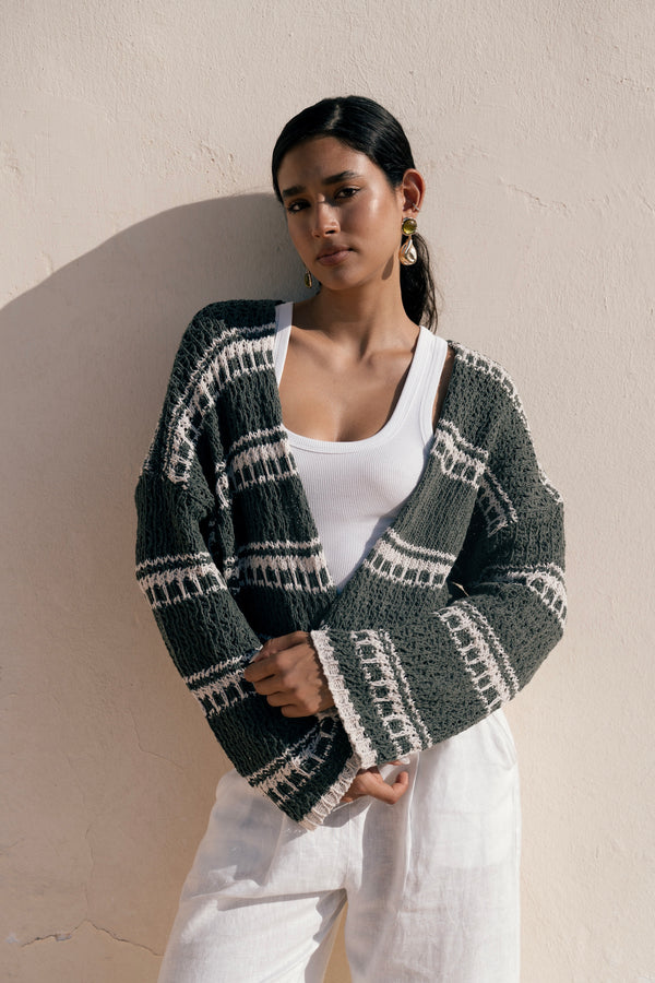 striped cropped oversized cardigan in Olive