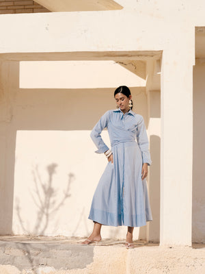 Striped Poplin Wrap Dress in Blue