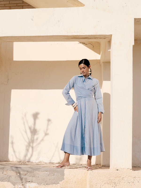 Striped Poplin Wrap Dress in Blue