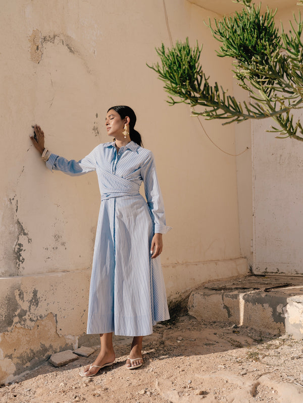 Striped Poplin Wrap Dress in Blue
