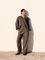 Linen Overskirt Wrap Pants in Brown