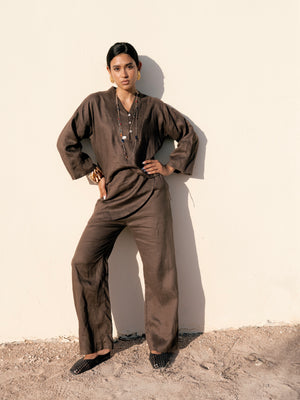 Linen Overskirt Wrap Pants in Brown