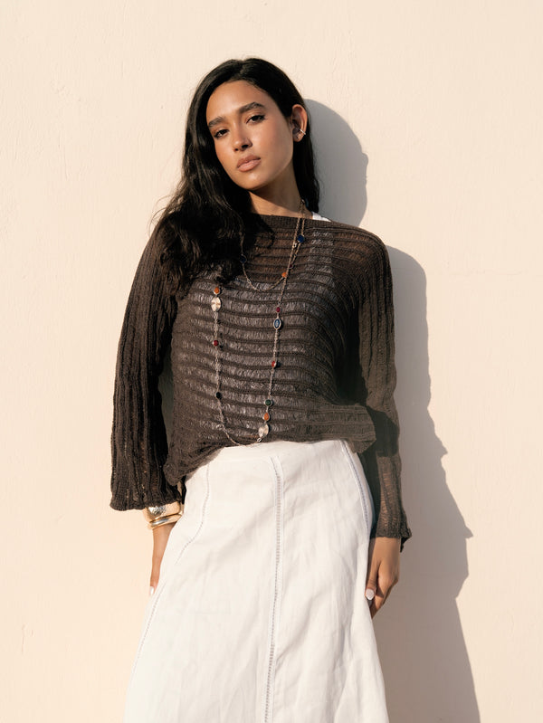 Boat Neck Crochet Top in Brown