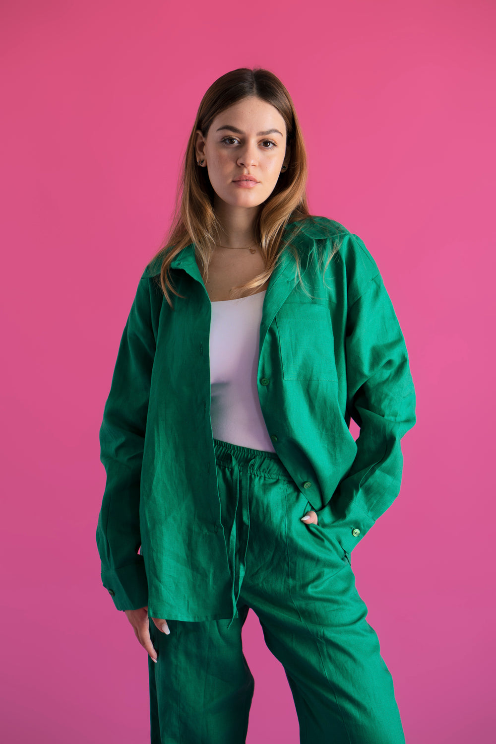 Livin’ In Linen Shirt in Emerald Green
