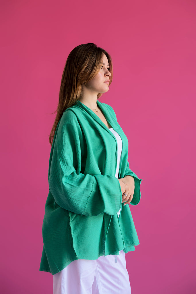 Raw-Hem Linen Kimono in Green