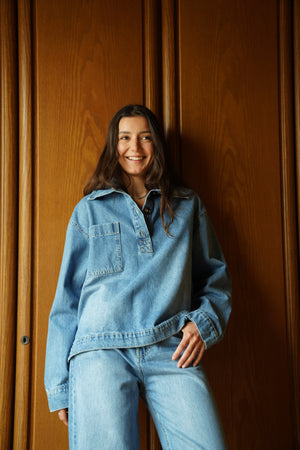 Denim Polo Shirt in Light Blue