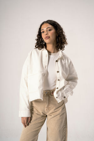 Raw-Hem Denim Jacket in Off-White