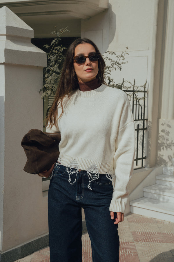 Fringed Sweater in Off White