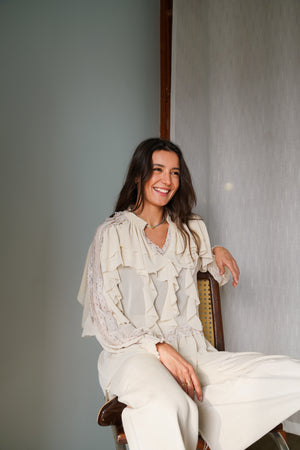 Chiffon Ruffled Blouse With Lace Trim In Beige