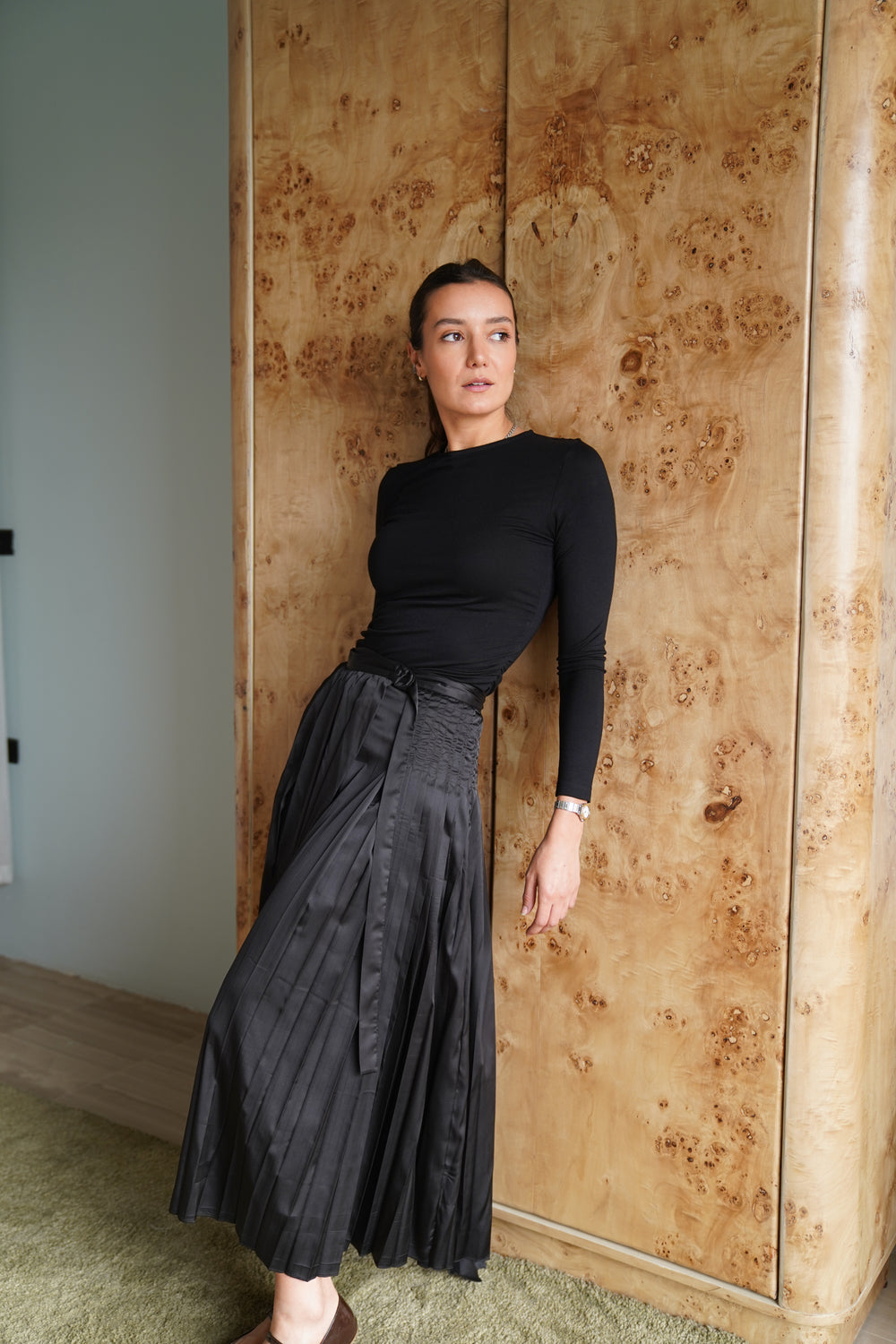 Pleated Satin Skirt in Black