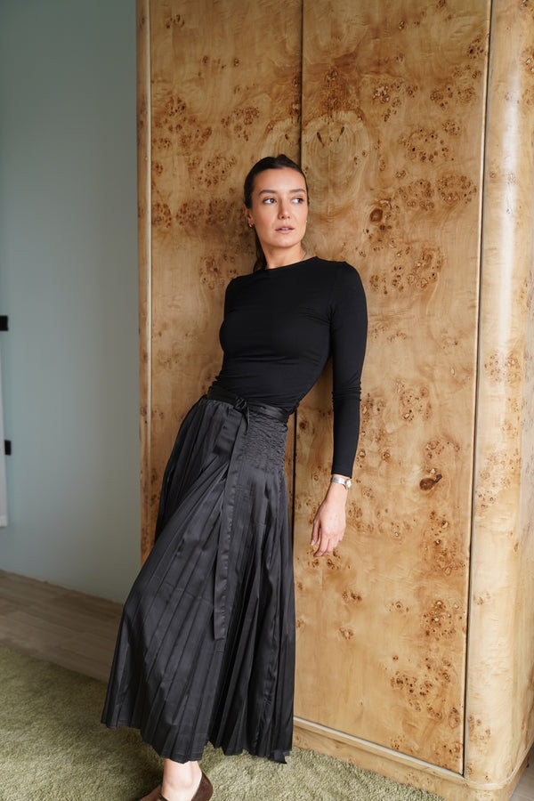 Pleated Satin Skirt in Black