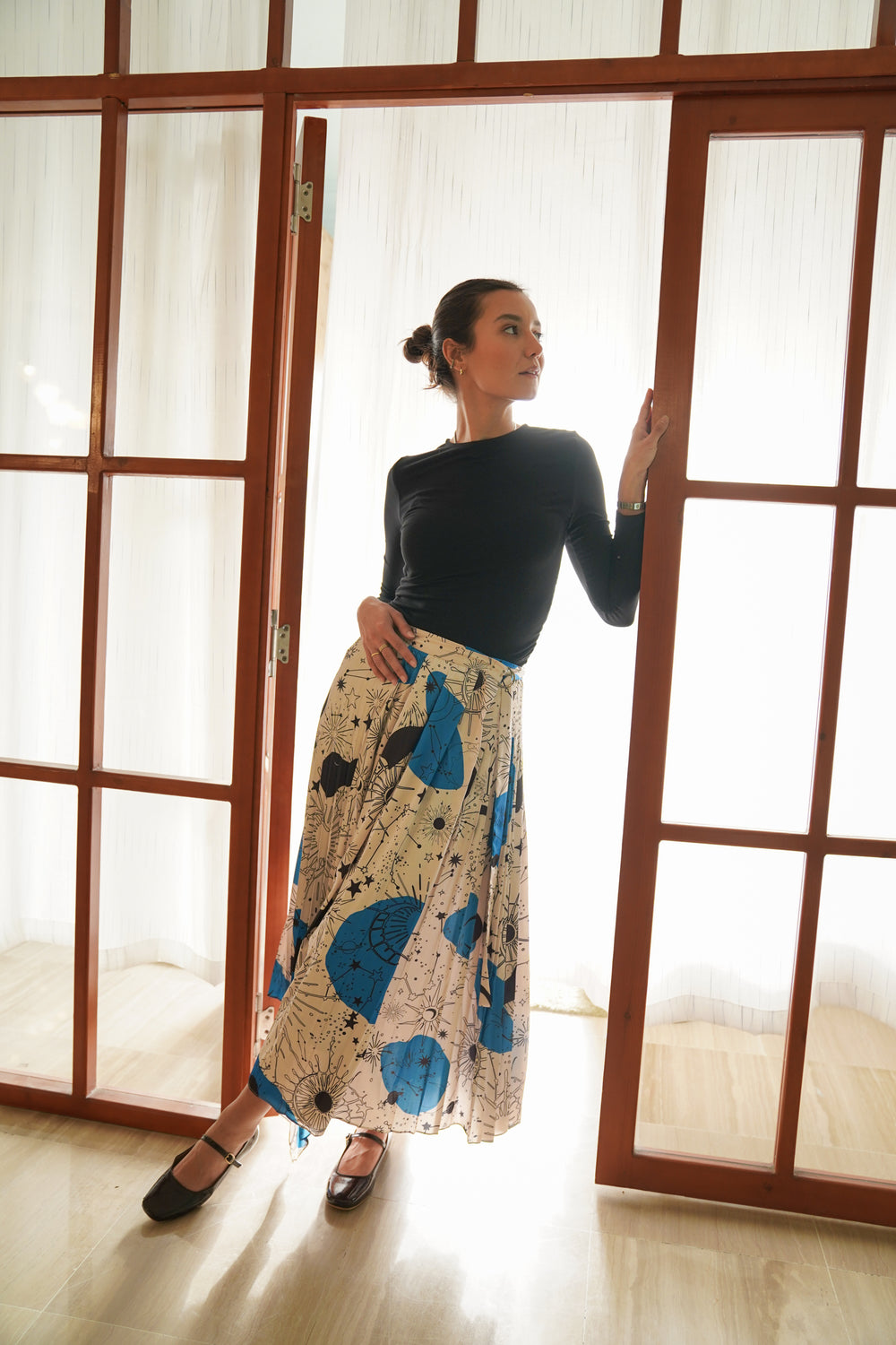 Pleated Satin Skirt in Blue Print