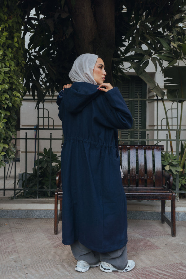 Drawstring Wool Coat in Navy