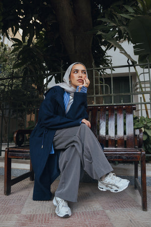 Drawstring Wool Coat in Navy