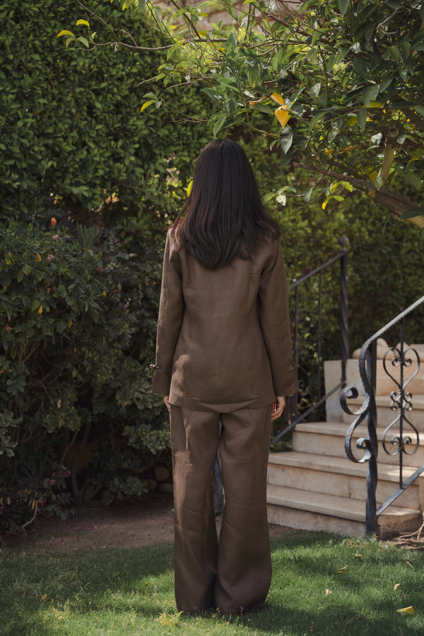 Linen Mandarin Pants in Brown