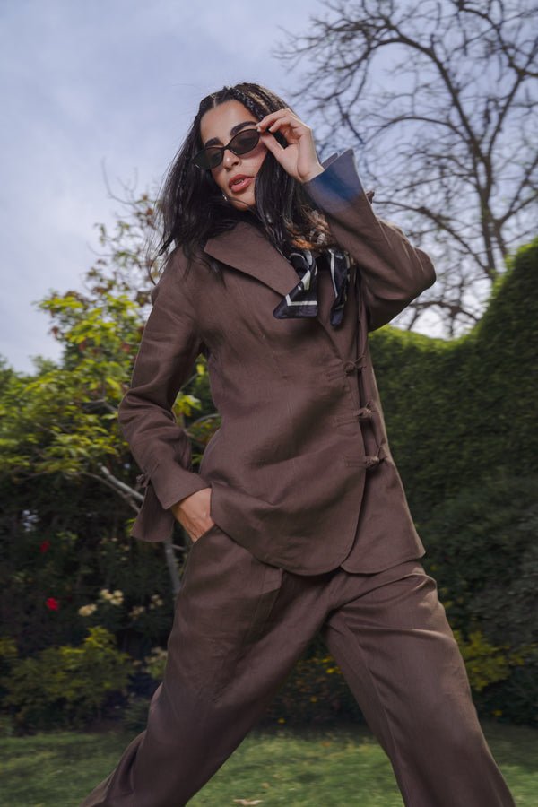 Mandarin Linen Blazer in Brown