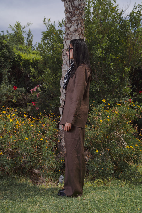 Linen Mandarin Pants in Brown