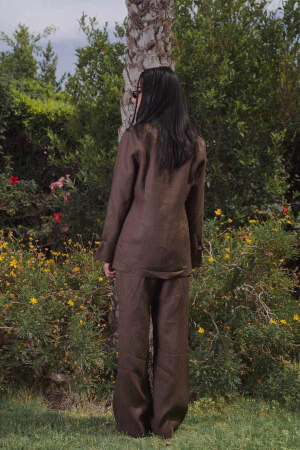Mandarin Linen Blazer in Brown