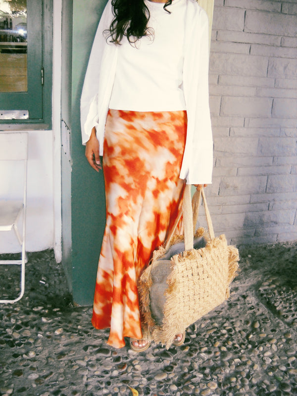 Satin Skirt in Orange Dye Print