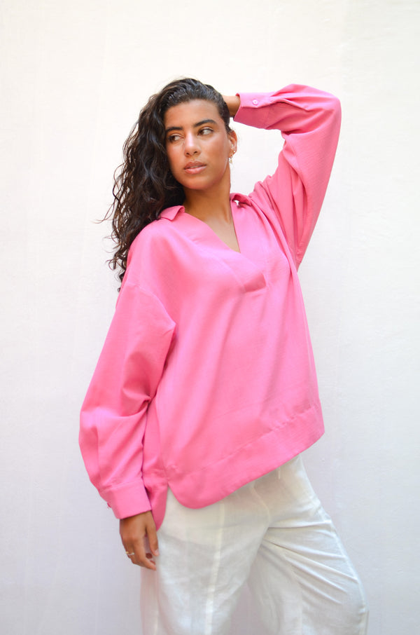 Polo Collar Linen Blouse in Rose