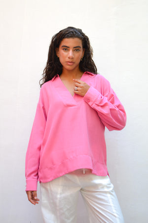 Polo Collar Linen Blouse in Rose
