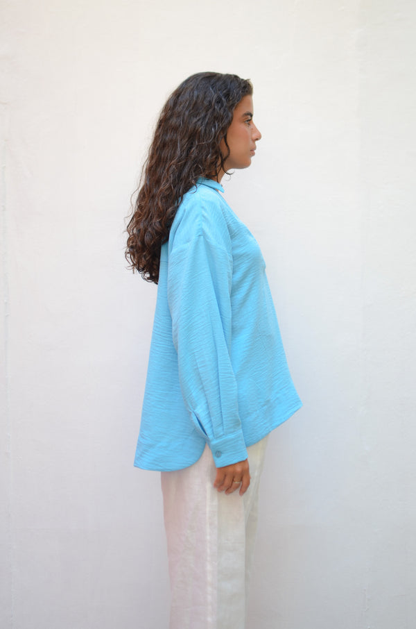 Polo Collar Linen Blouse Baby Blue
