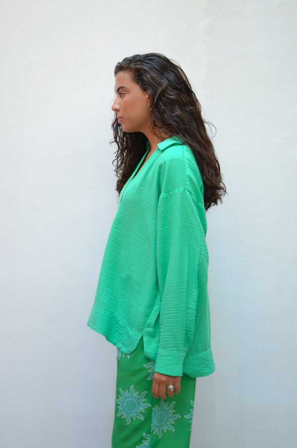Polo Collar Linen Blouse in Green