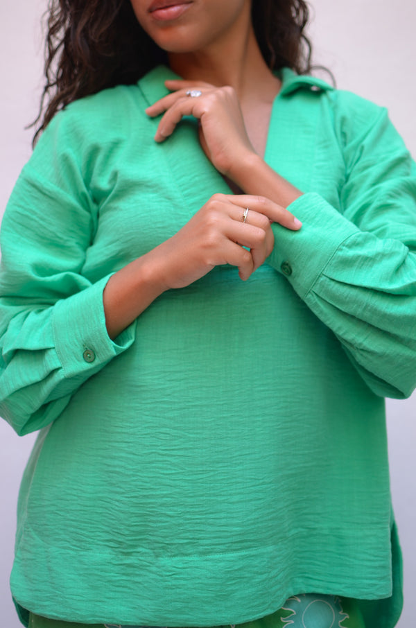 Polo Collar Linen Blouse in Green