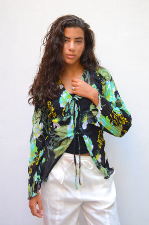 Crinkled Chiffon Cardigan in Black&Green